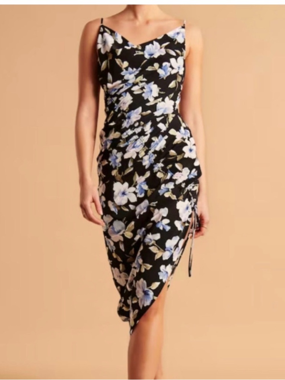 Abercrombie & Fitch Asymmetrical Black Floral Slip Midi Dress with Blue Blossoms